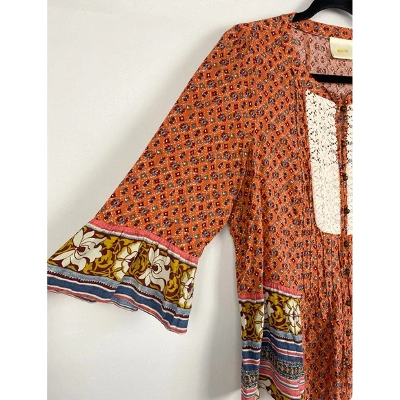Anthropologie Maeve Womens Hiver Peasant Blouse 12 Orange Boho Hippie Floral - Picture 4 of 9